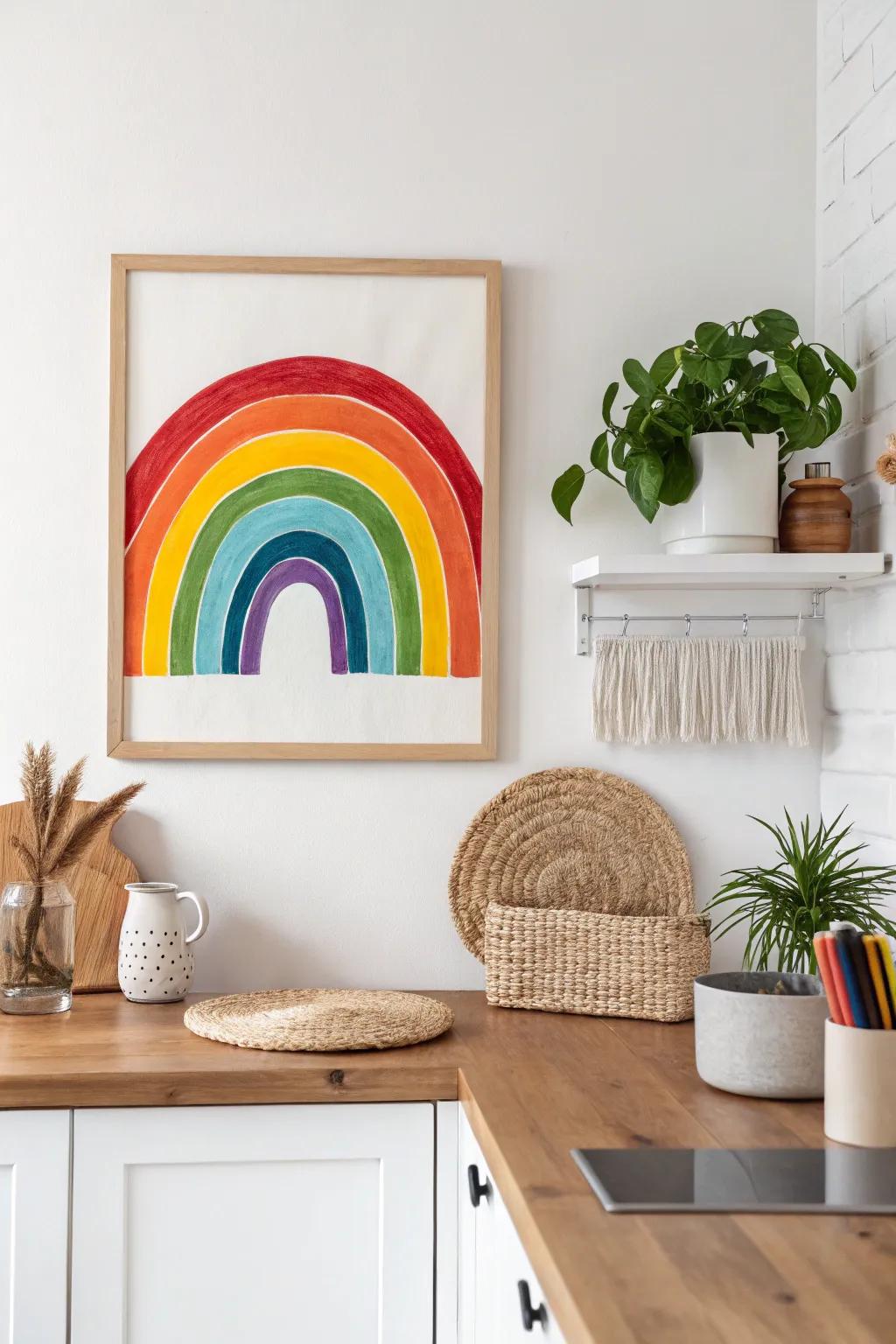 Brighten your mornings with this cheerful, cartoon-style rainbow art, bringing a playful touch to minimalist elegance.