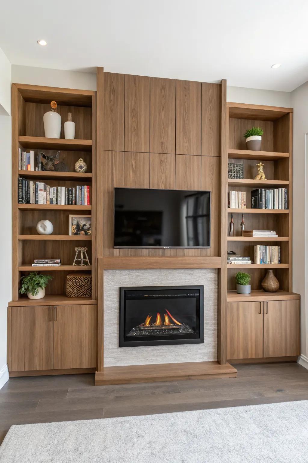 Symmetrical built-ins + warm wood shelves make an electric fireplace wall feel like a cozy library nook.