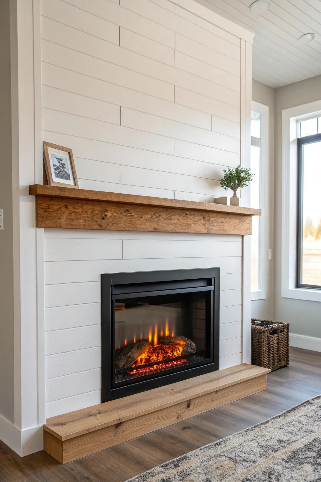 Matte white shiplap + warm oak mantel: a clean electric fireplace wall with cozy contrast.