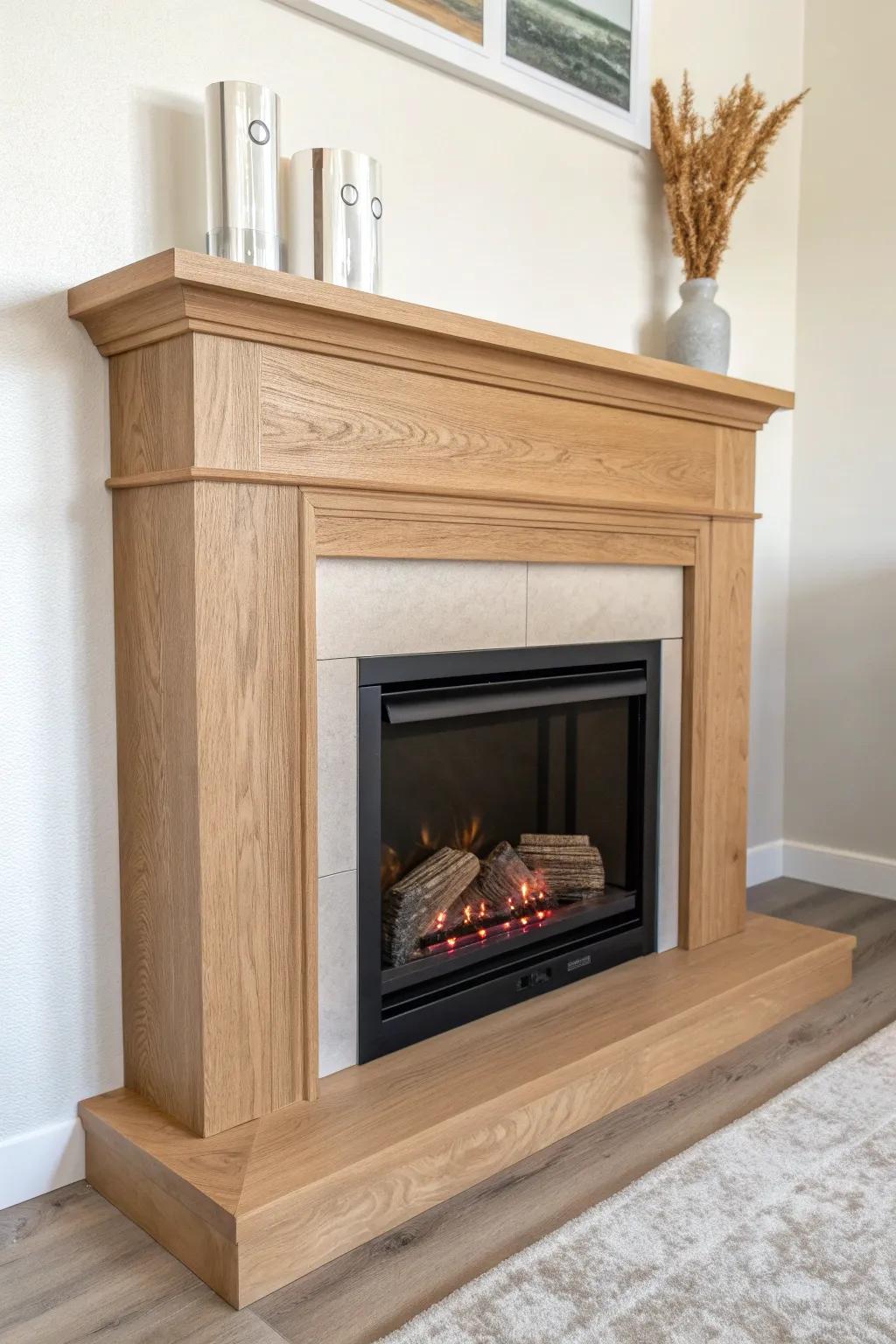 Clean-edged light oak mantel that makes an electric fireplace feel truly architectural.