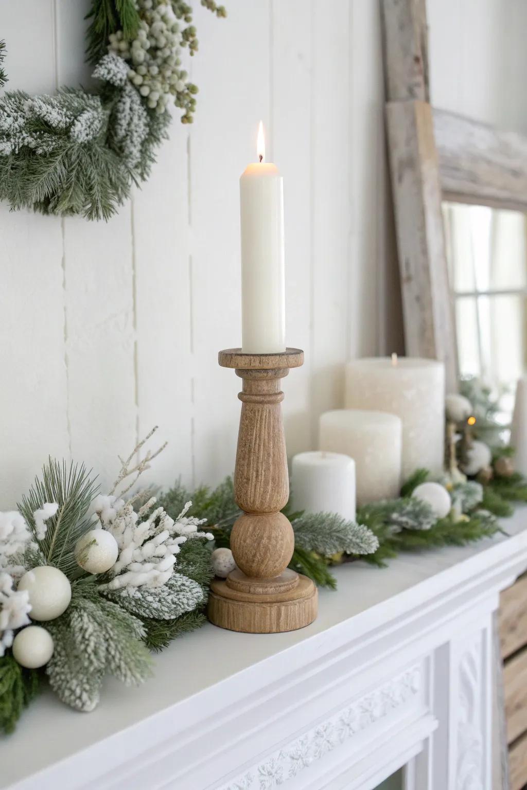 White-on-white winter mantel layering, warmed up with one handcrafted oak accent.