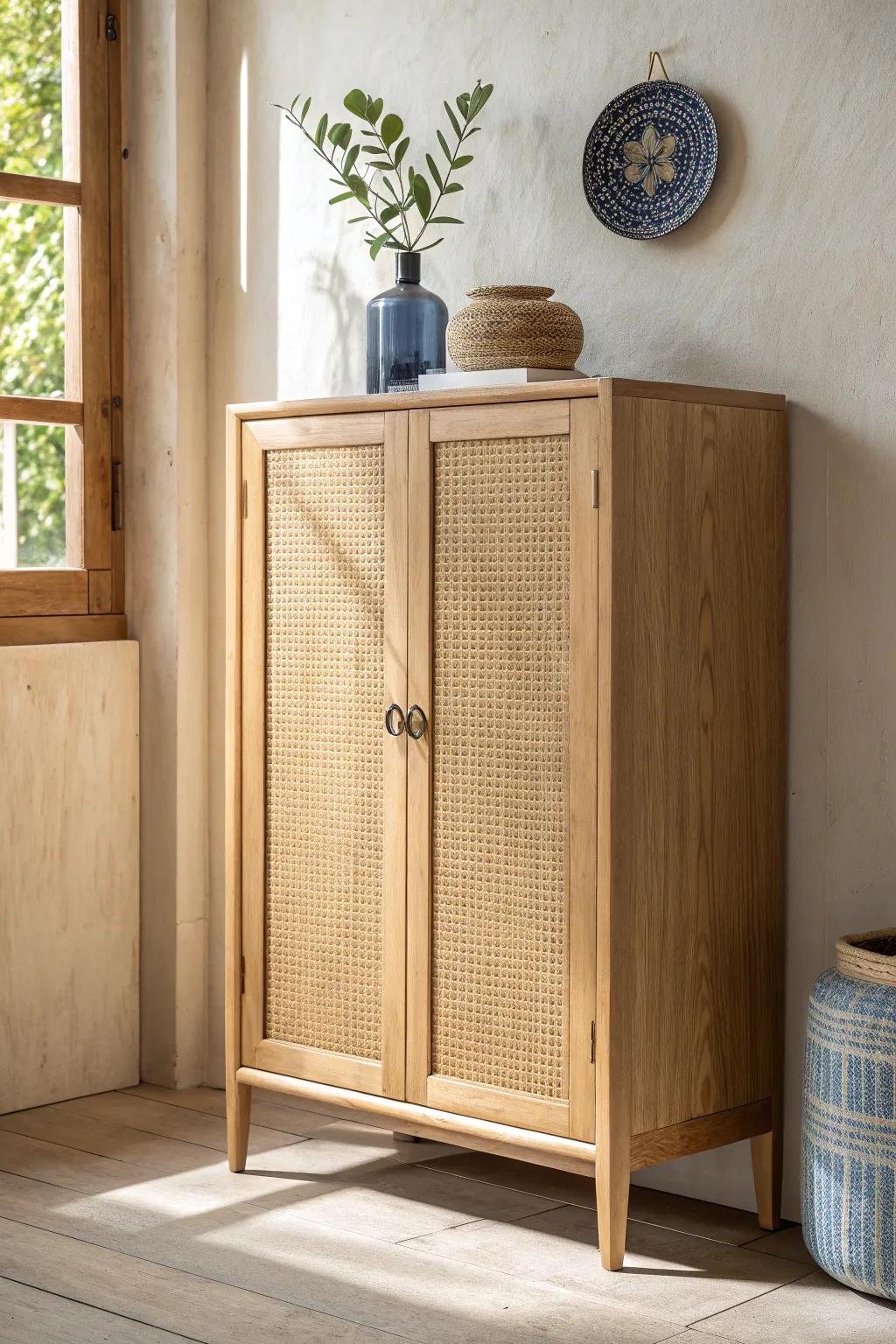 Closed oak cabinet storage for a serene, elegant office—calm lines, warm wood, bold accents.