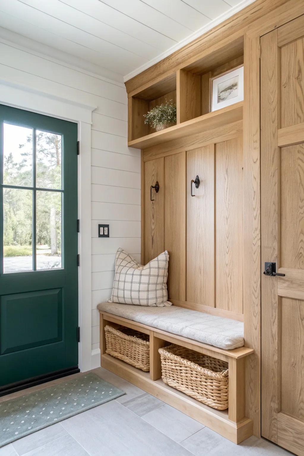 A fully enclosed connector becomes a dreamy drop zone with a handcrafted oak mudroom bench.