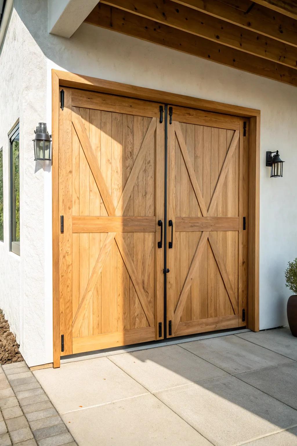 Classic double swing doors—warm wood grain, clean lines, and a secure, timeless close.
