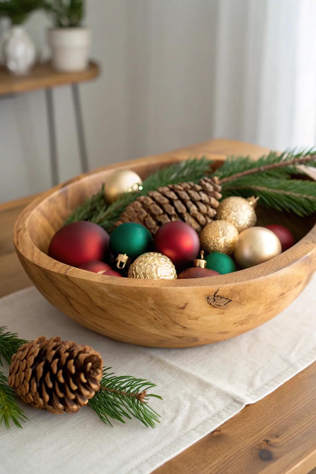 A rustic wood dough bowl filled with ornaments, cedar clippings, and one statement pinecone.