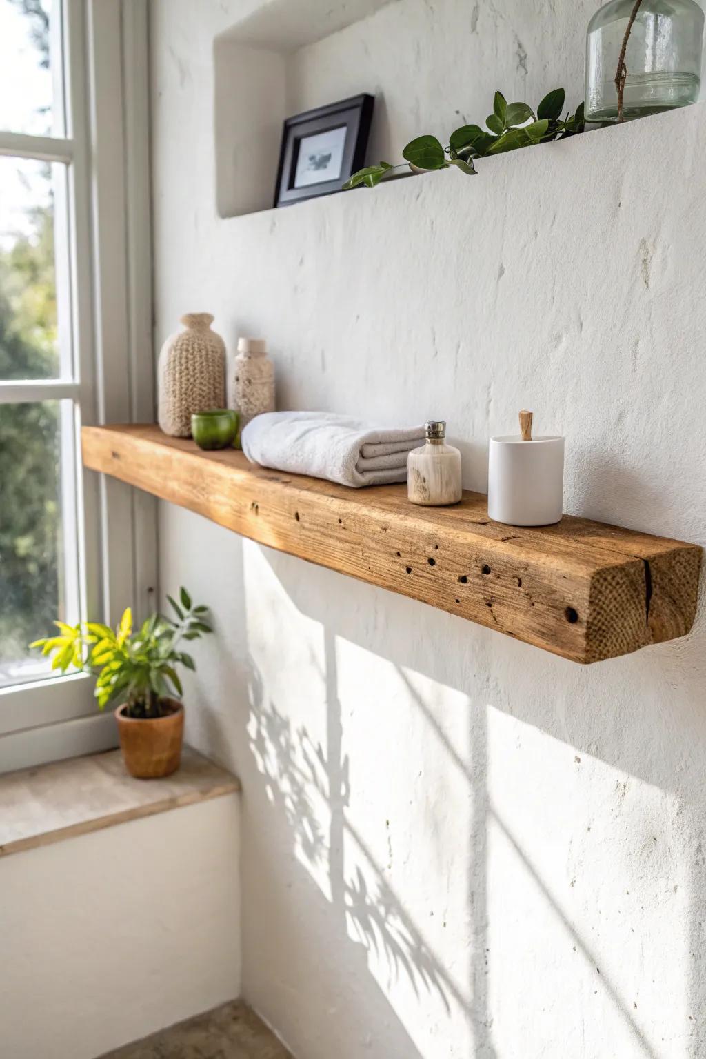Chunky reclaimed-wood floating shelf: warm stain, cottage charm, and handcrafted texture.