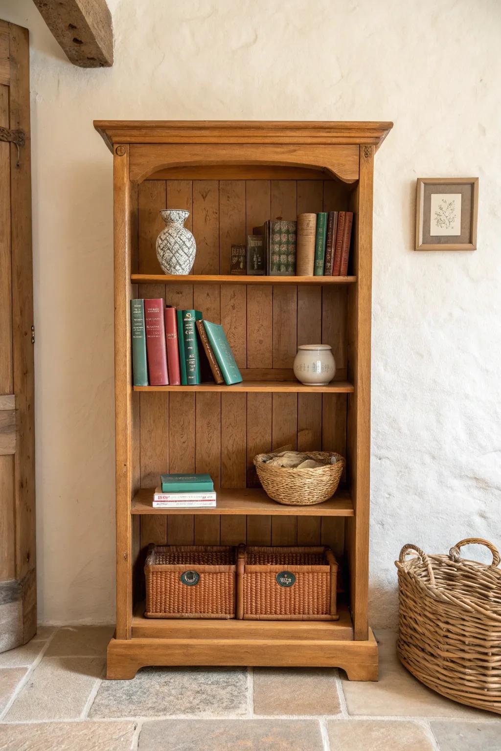 Warm-stained cottage bookshelf—simple wood shelves filled with books, baskets, and keepsakes.