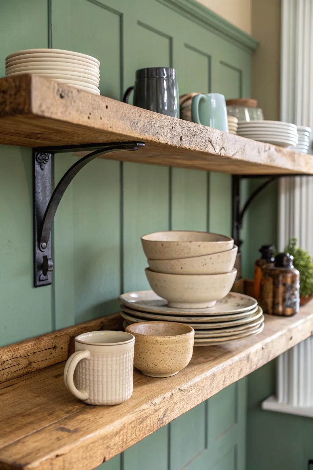 Thick oak open shelf with everyday dishware—cottage warmth, sturdy brackets, effortless style.