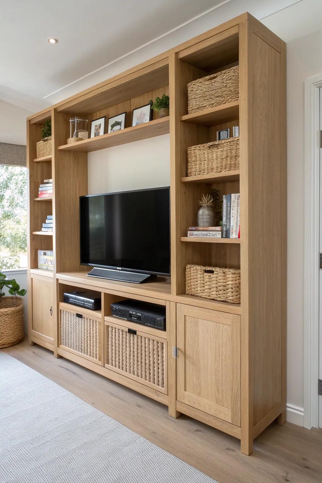 Go vertical: a tall hutch-style TV surround that adds storage without eating floor space.