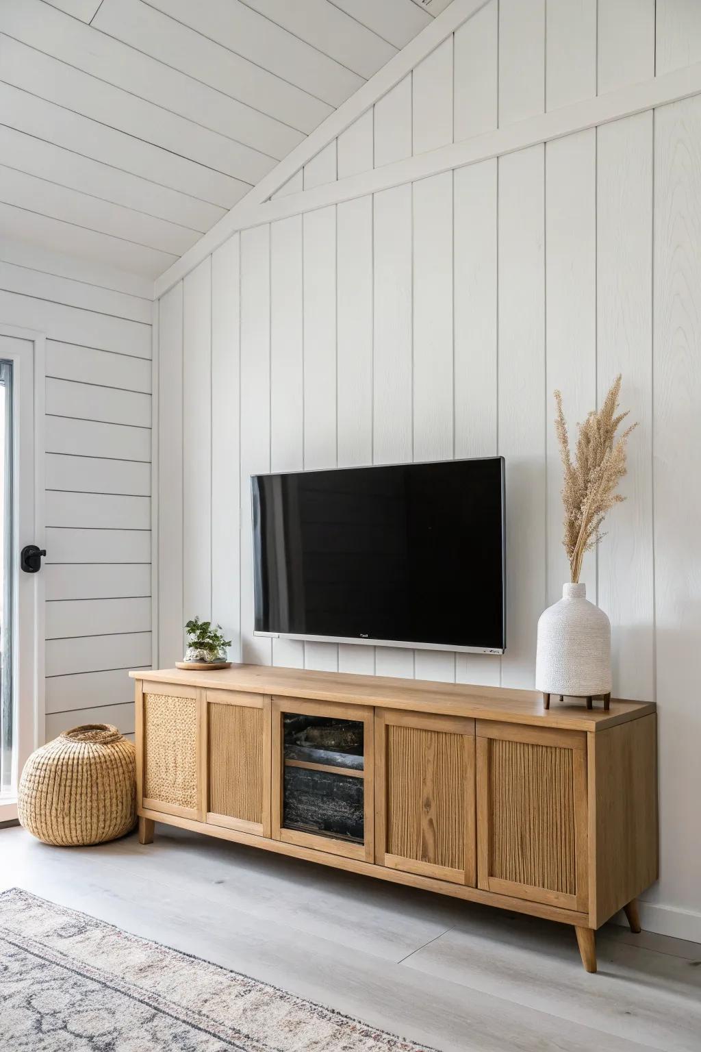 Crisp white shiplap + warm oak floating cabinet turns a wall‑mounted TV into a statement.
