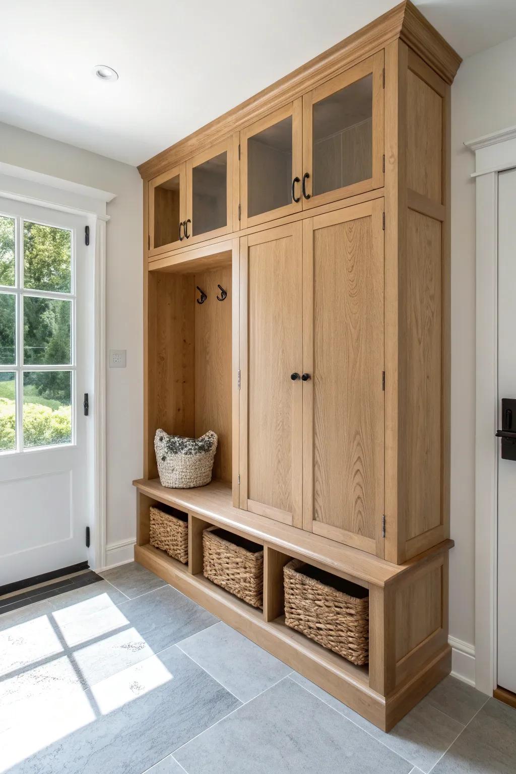 Floor-to-ceiling built-in mudroom cabinet wall in light oak—minimal, warm, and beautifully organized.