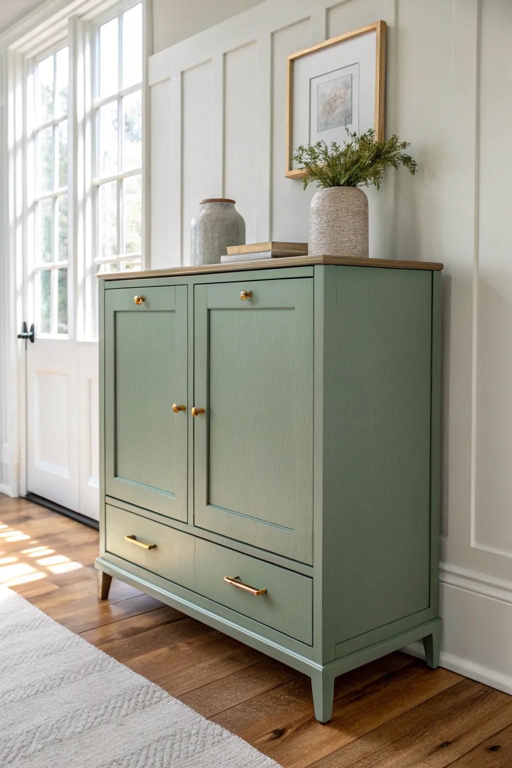 Muted dusty-green entryway chest with warm brass pulls for calm, cozy Scandinavian contrast.