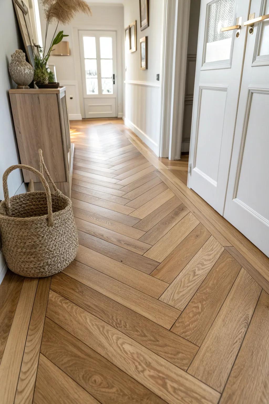 Crisp chevron oak planks create a modern, wood-forward entry that visually draws you inside.