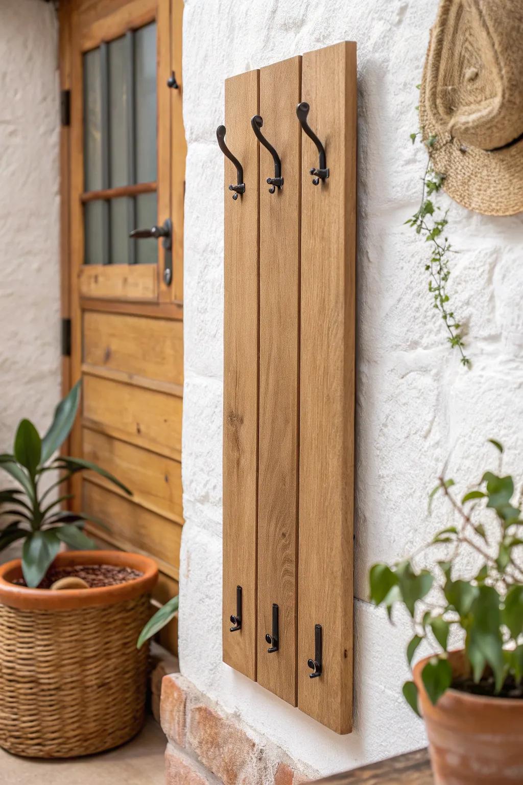 Built-in look: oak board-and-batten hook panel with bold black hooks and warm, airy contrast.