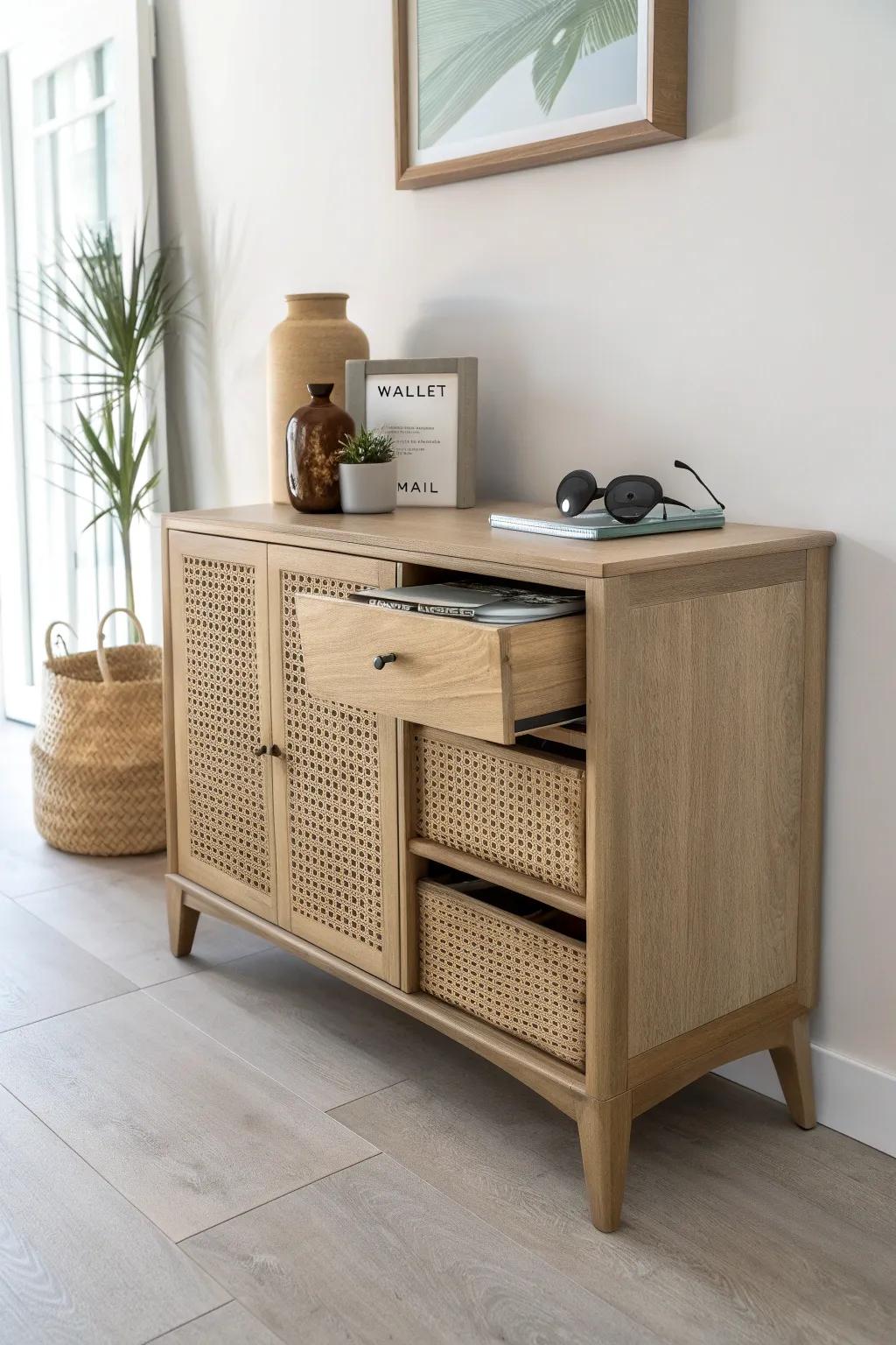 Labelled drawer zones—wallet, mail, sunglasses—keep your entryway sideboard countertop clutter-free.