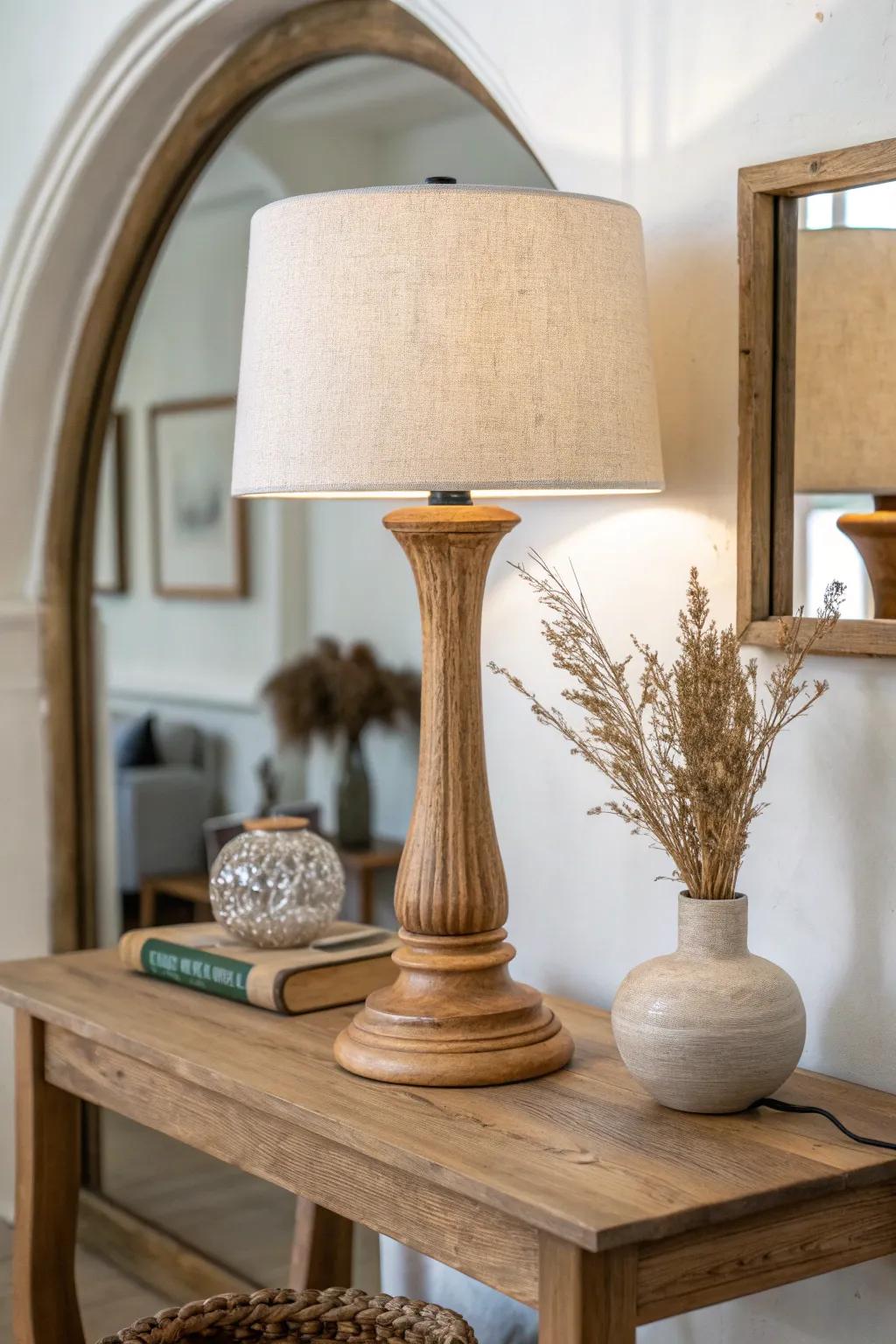 A warm linen shade and arched mirror soften clean console lines for a welcoming entry.