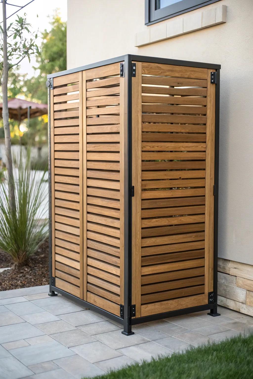A removable wood slat screen hides your AC unit beautifully—airy, modern, and service-friendly.