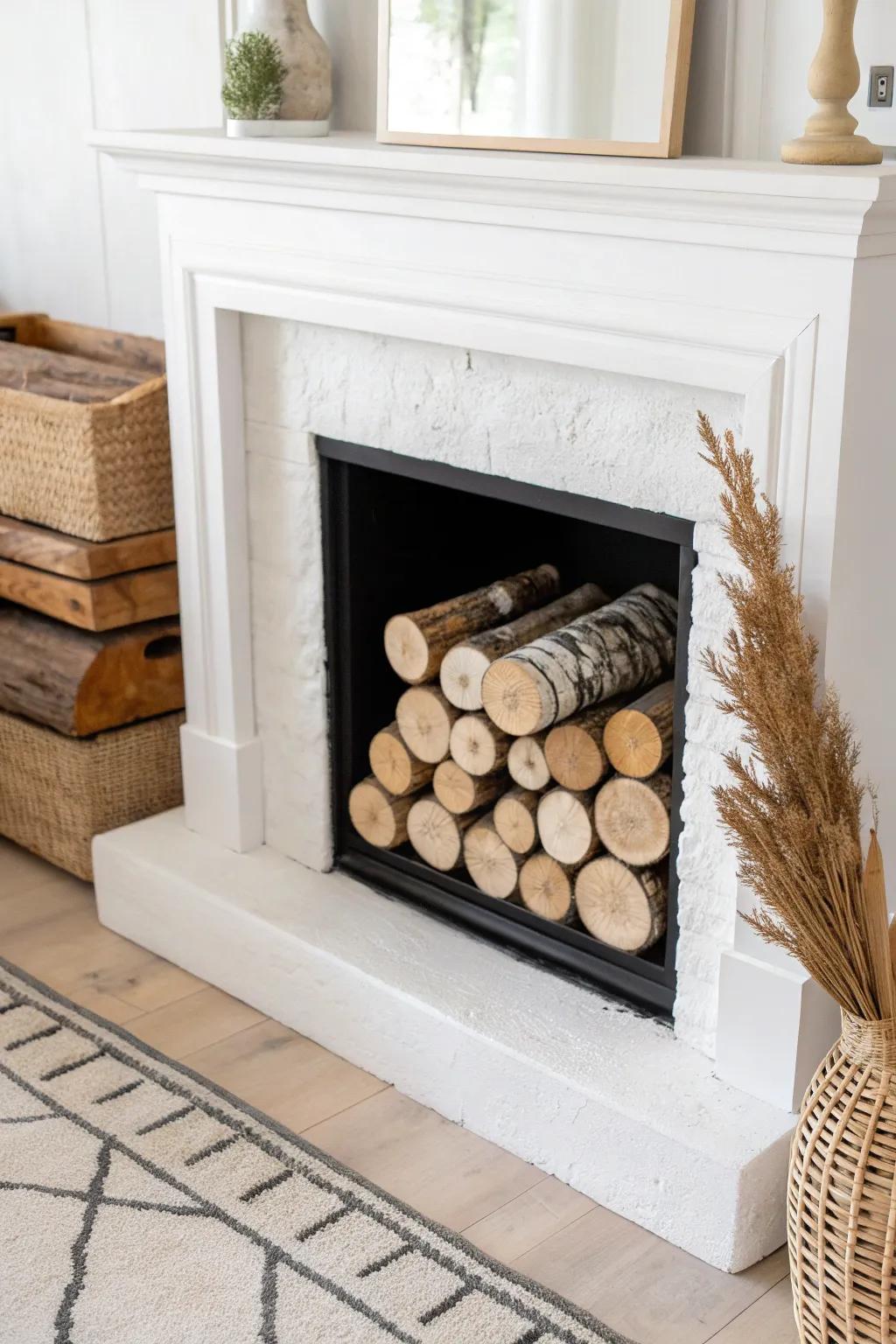 A faux firebox made cozy—neatly stacked birch logs for instant cabin warmth, zero electricity.