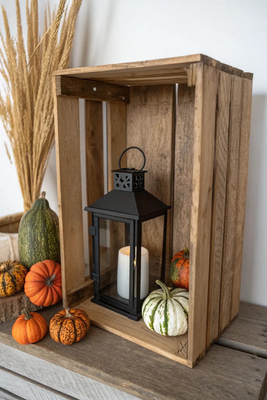 Turn a wooden crate sideways to spotlight a glowing lantern—add mini gourds for fall charm.