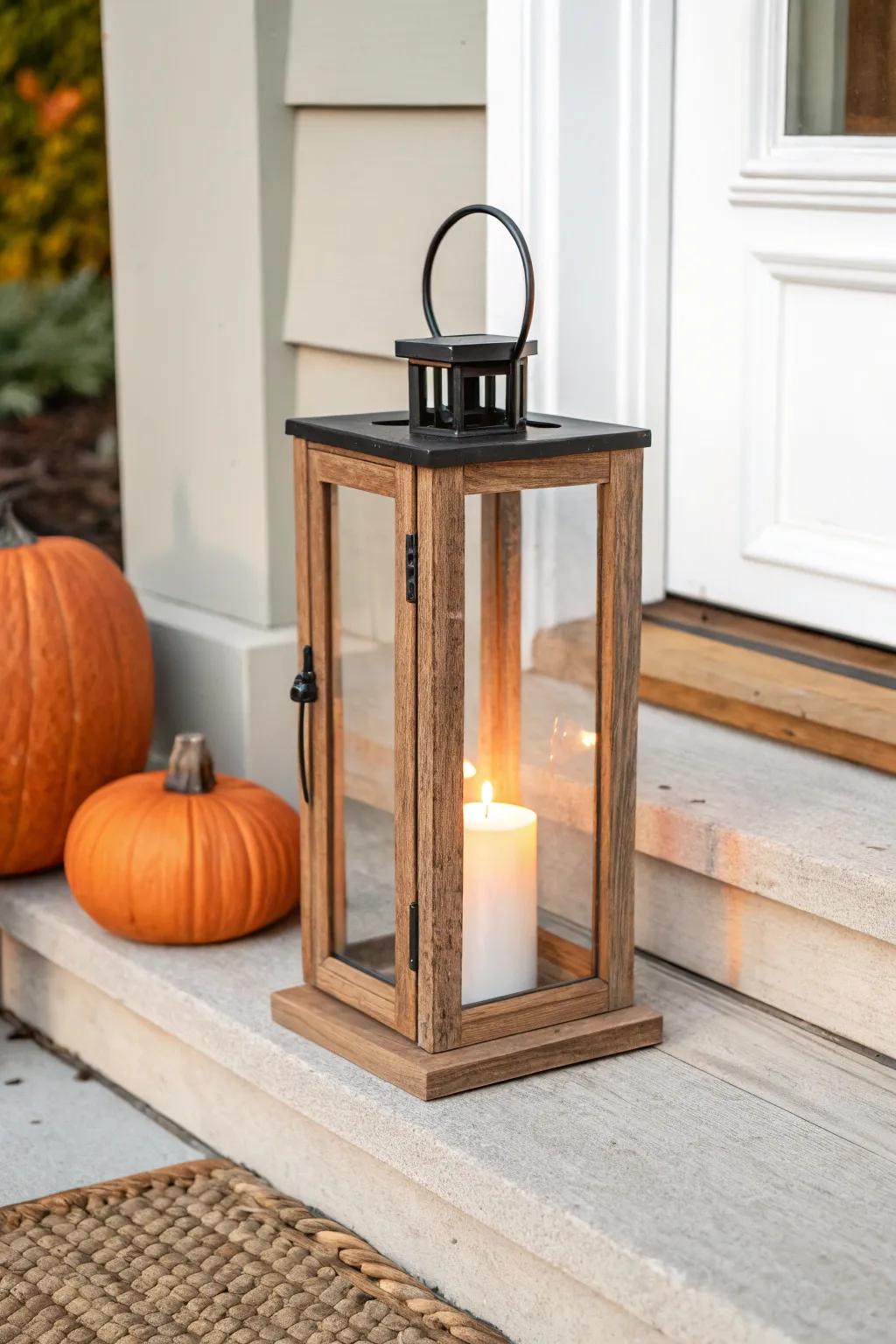A warm lantern glow on oak steps—simple, cozy fall entryway style with artisan detail.