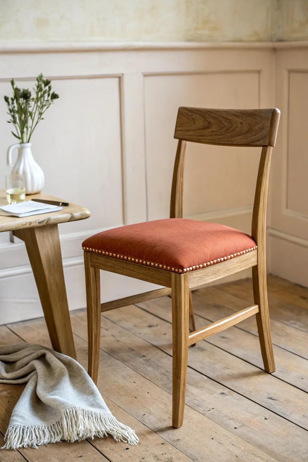 Grown-up look, kid-proof ease: a wipeable terracotta upholstered oak chair that hides smudges.