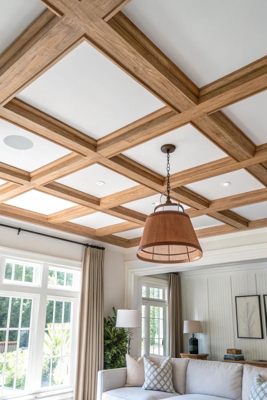 Classic coffered ceiling grid in light oak with a bold terracotta pendant—simple, built-in beauty.