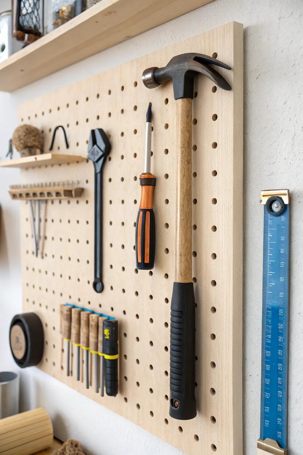 Pegboard perfection—Scandi farm shop tool wall with outlined tools, tidy and beautiful.