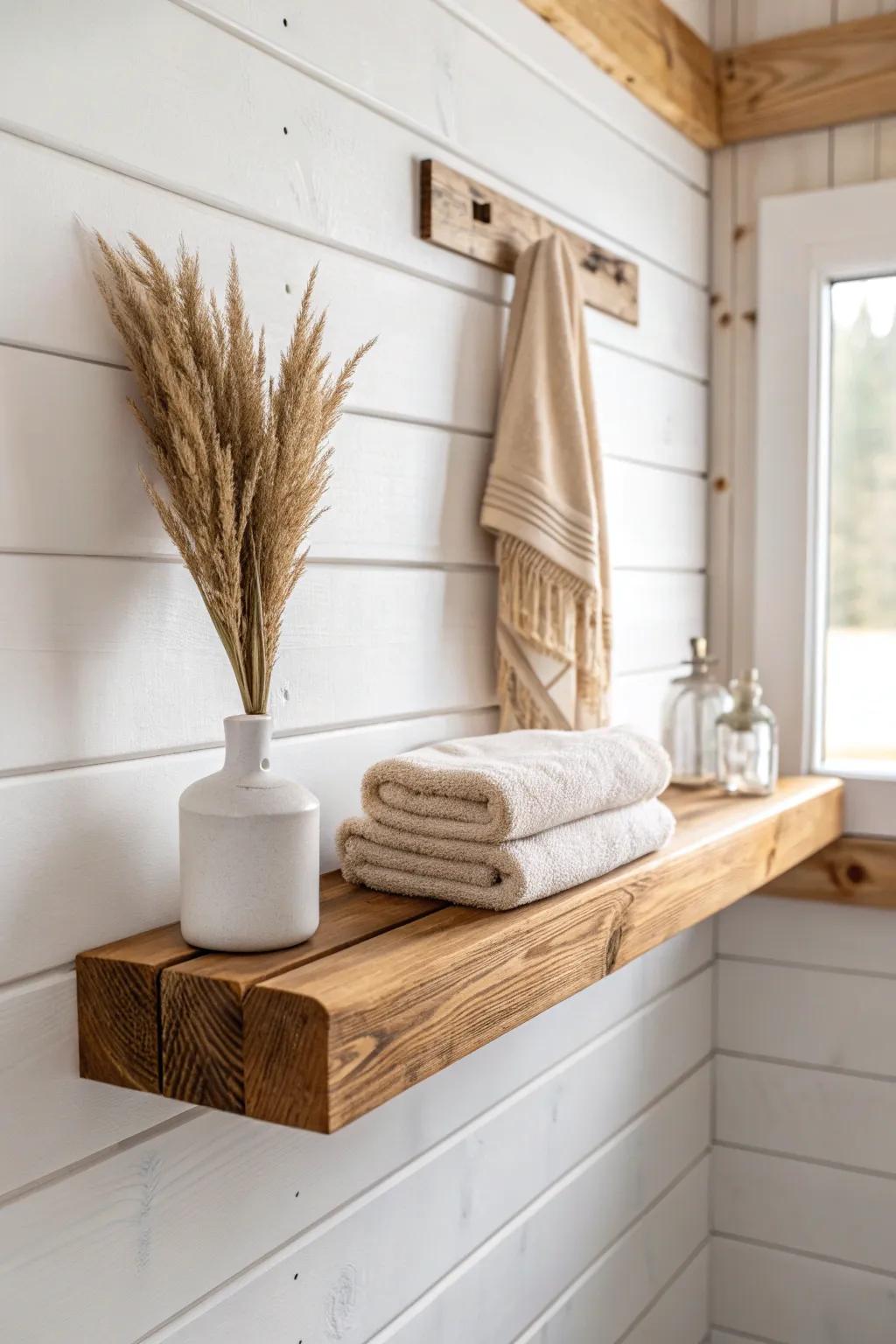Budget-friendly farmhouse charm: simple pine floating shelves for warm, airy bathroom storage.