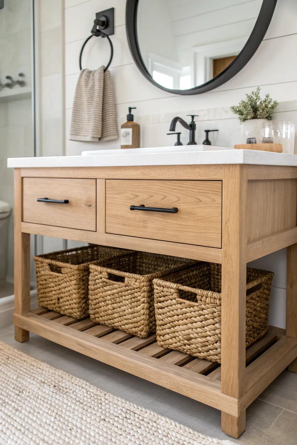 Airy open-shelf vanity with woven baskets—farmhouse storage that looks calm and curated.