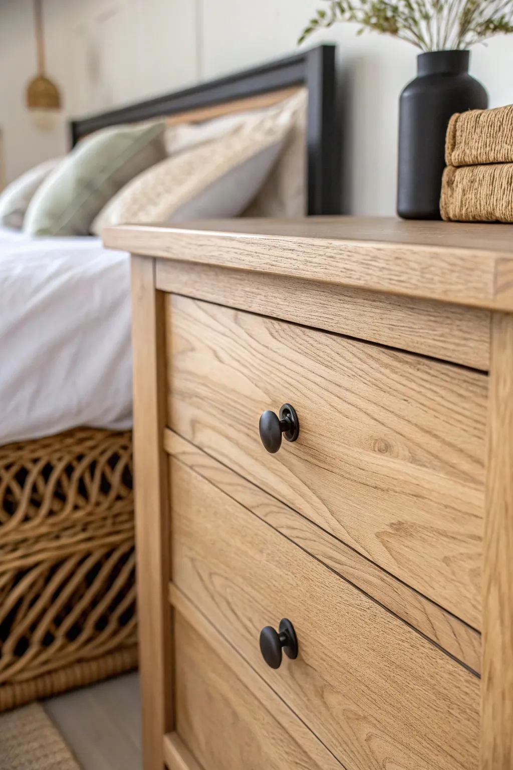 A simple matte black hardware swap instantly modernizes a budget farmhouse dresser.