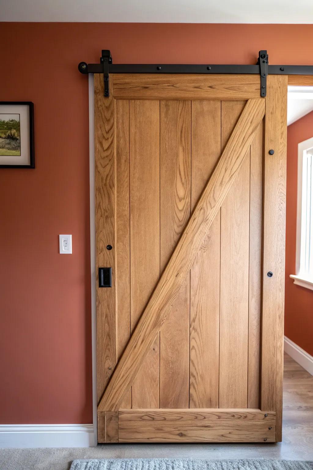 Rustic but clean: a Z-brace plank closet door in warm oak with bold matte-black contrast.