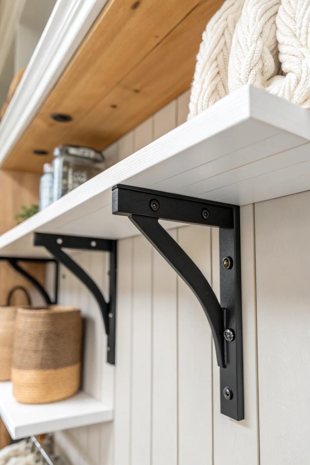 Matte black brackets add crisp modern‑farmhouse contrast to bright white closet shelving.