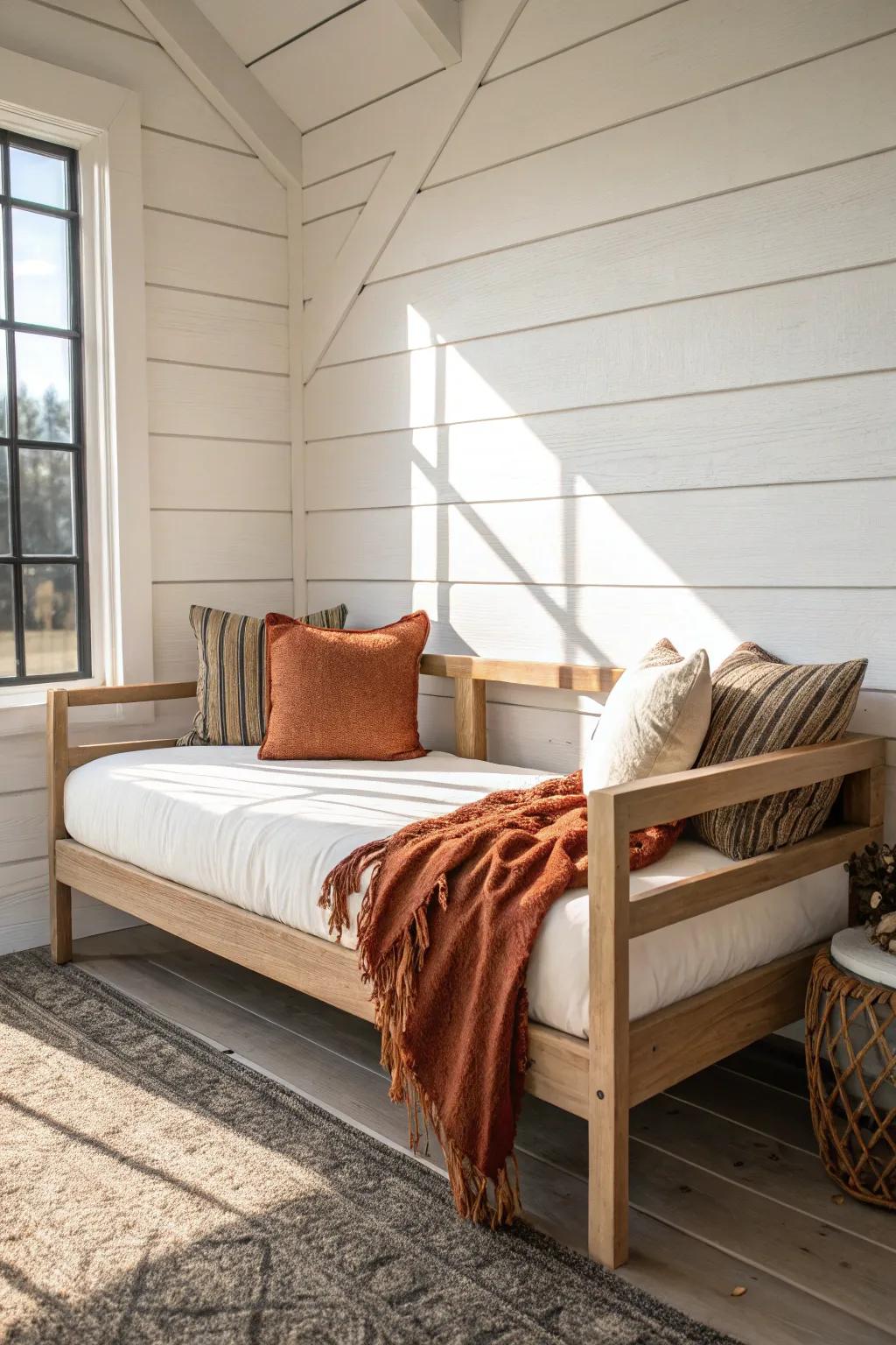 Shiplap-backed farmhouse daybed nook—clean lines, warm oak, and a bold rust throw.