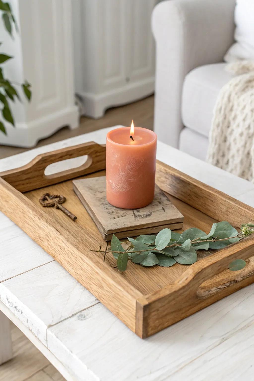 Budget farmhouse charm: a simple wood tray vignette with candle, greenery & vintage touch.