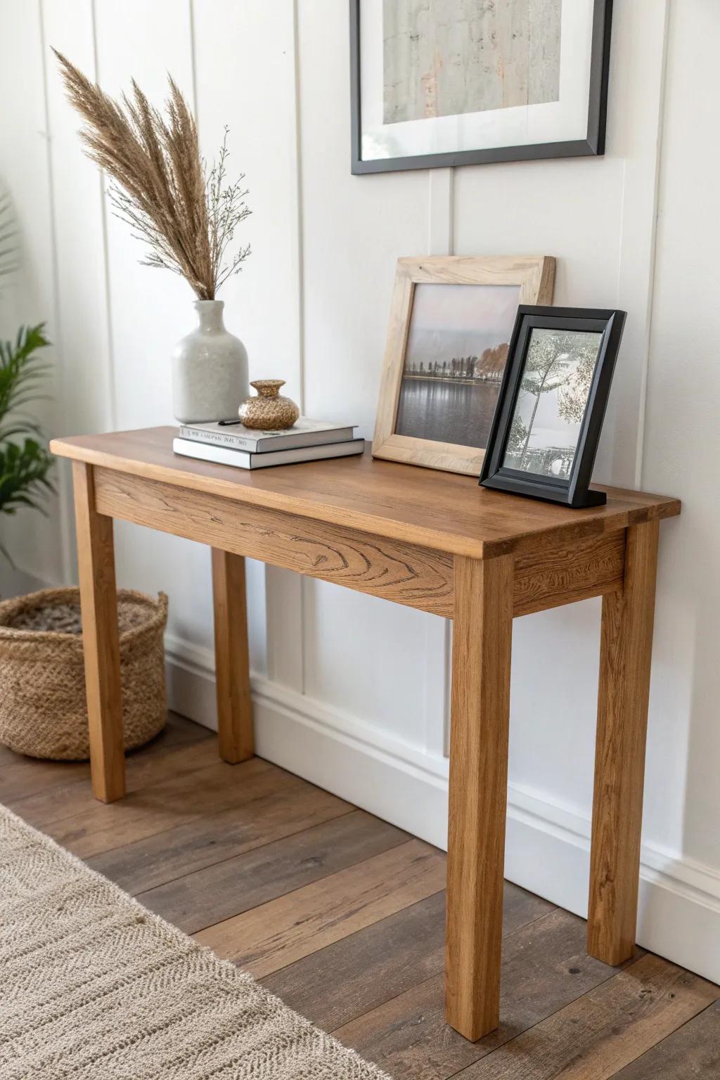 Leaning frames add effortless height—layer a smaller frame in front for relaxed entry-table charm.