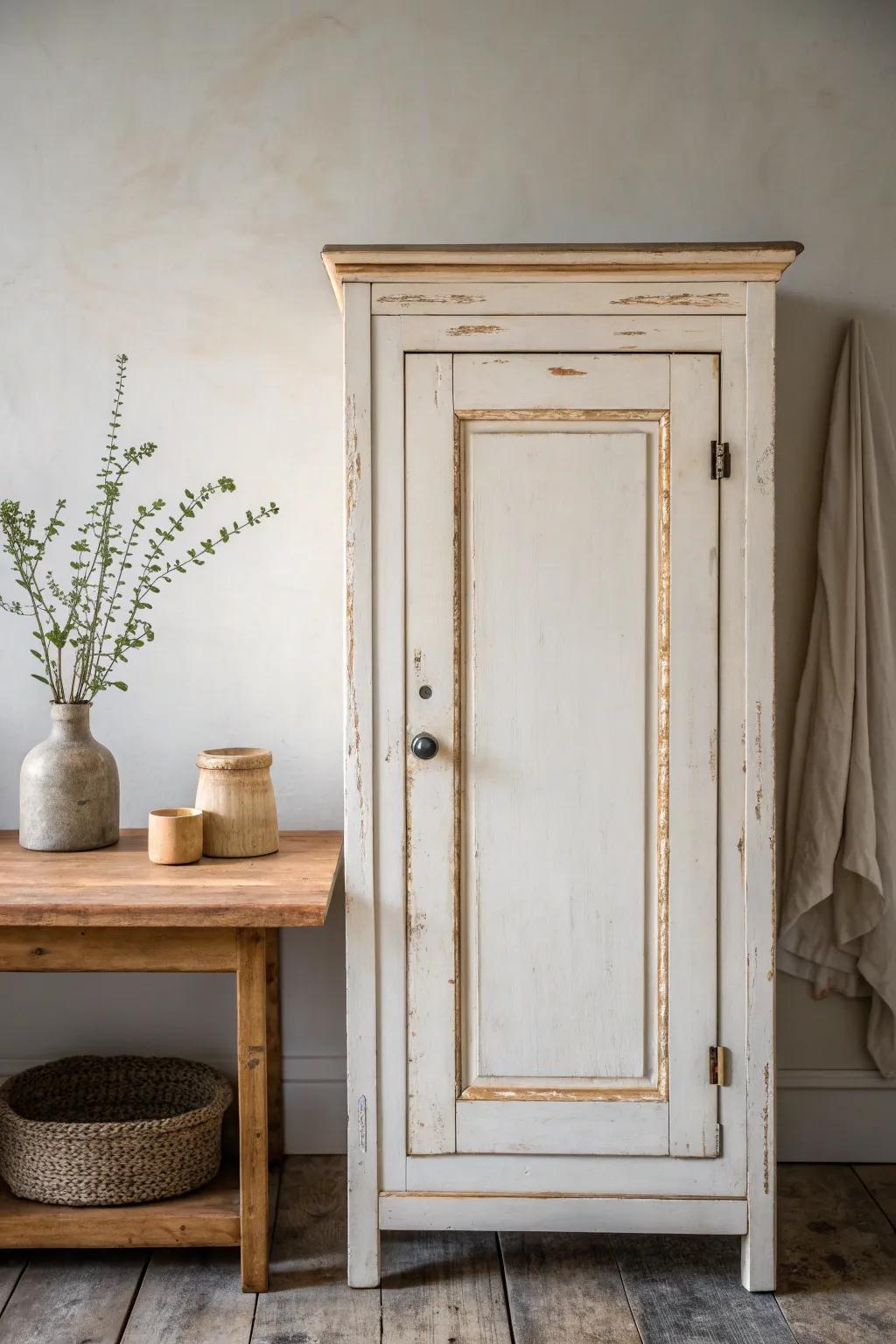 Antique white farmhouse cabinet door with a soft patina—timeless character, clean and calm.