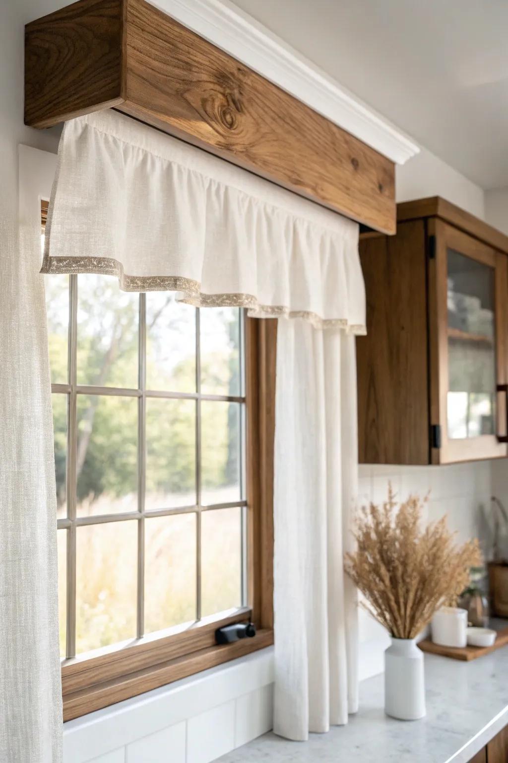 A clean stained-wood cornice valance adds instant farmhouse polish—simple, tailored, timeless.