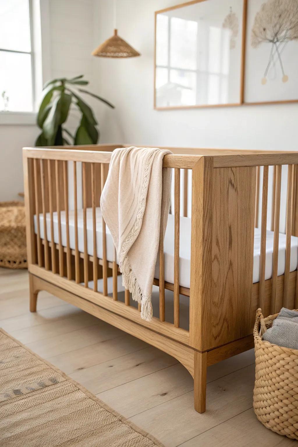 Warm whites, soft beige, and natural oak—an effortlessly calm farmhouse nursery palette.