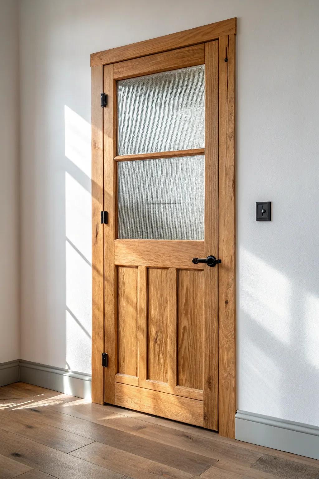 Upper glass panel pantry door: bright, airy farmhouse charm with warm wood and black hardware.
