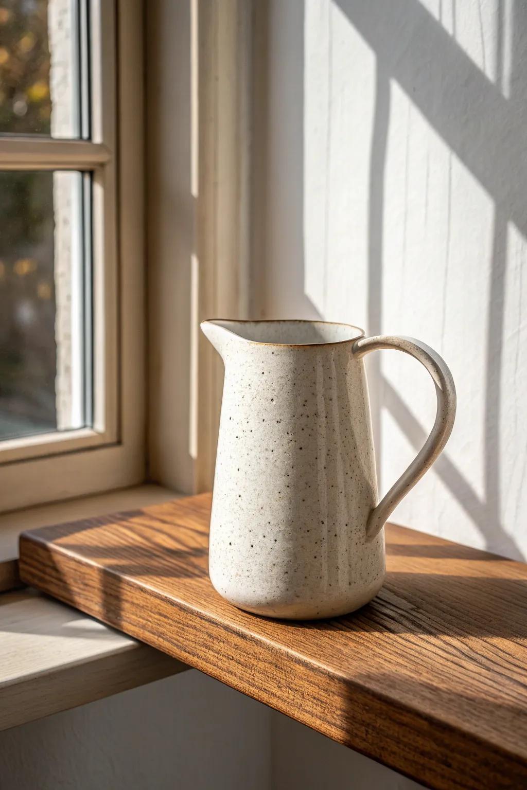 Chunky white ceramic pitcher on warm oak—classic farmhouse shelf decor with clean contrast.