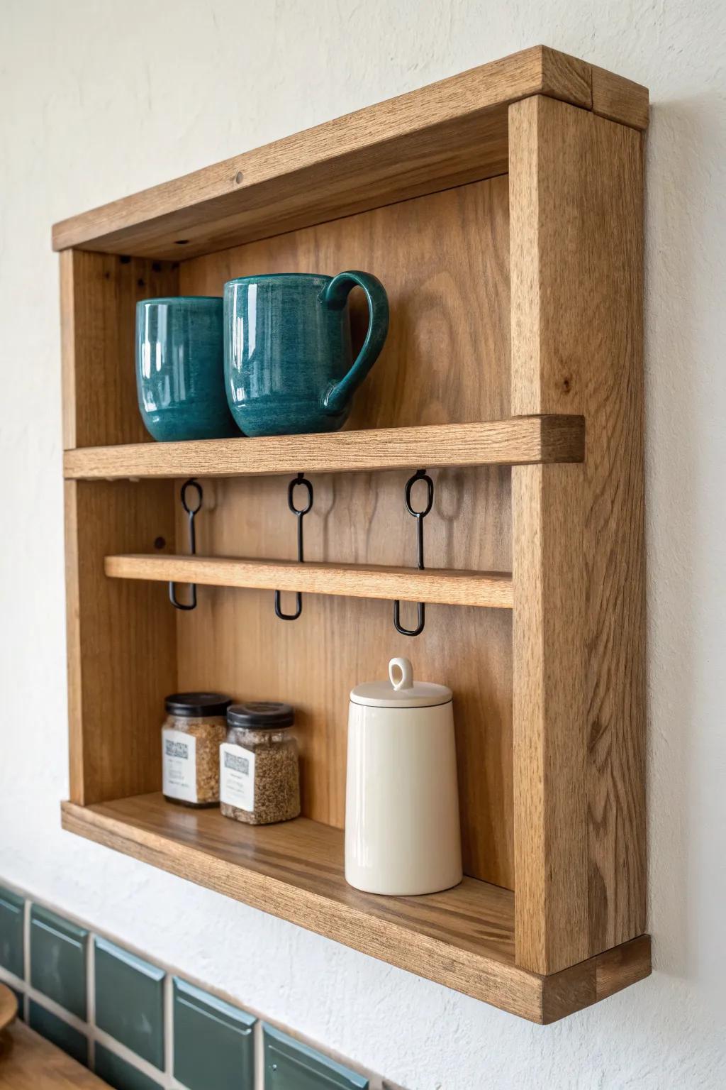 Two-tier farmhouse coffee shelf with hook rail—minimal, warm wood, ready for grab-and-go mornings.