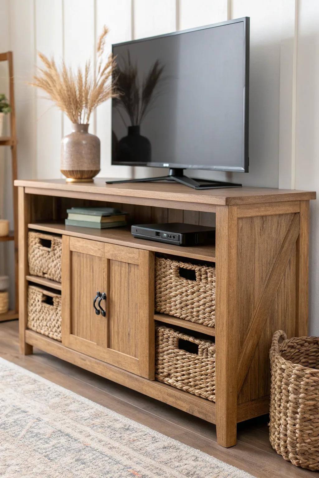 Woven baskets add cozy texture while hiding remotes, chargers, and cords in style.