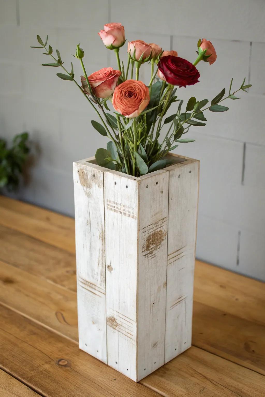 DIY distressed white wood box vase—farmhouse charm with a clean Scandinavian-boho look.