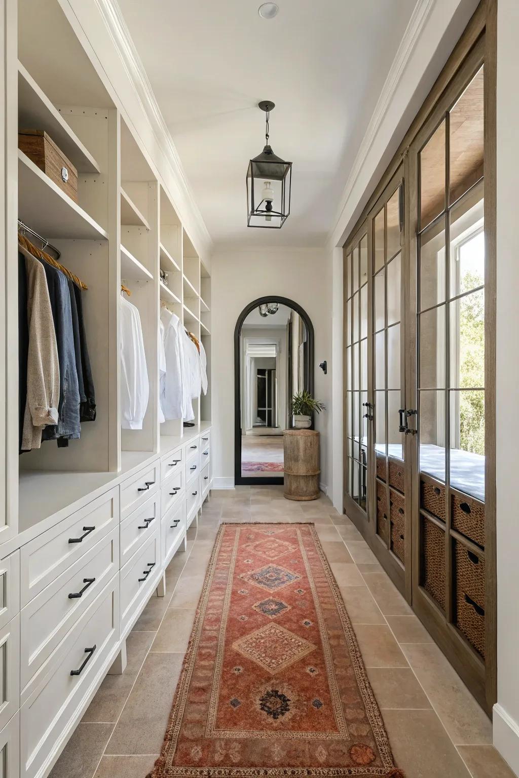 Symmetrical galley walk-in in warm oak with a bold rust runner—boutique calm for tight spaces.