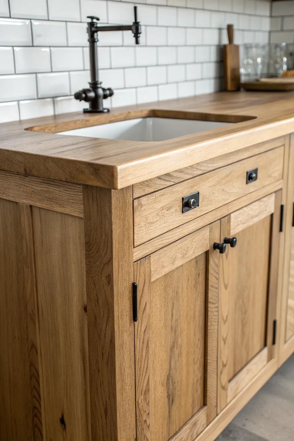 Clean white tile + rustic grout keeps this oak wet bar looking crisp, cozy, and mess‑friendly.
