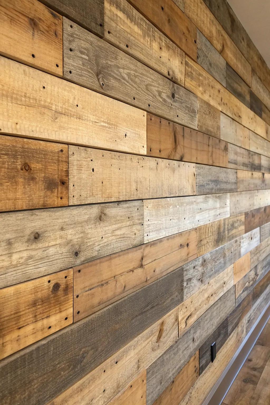 Reclaimed wood planks in mixed tones, knots and nail holes—bold contrast for a cozy feature wall.