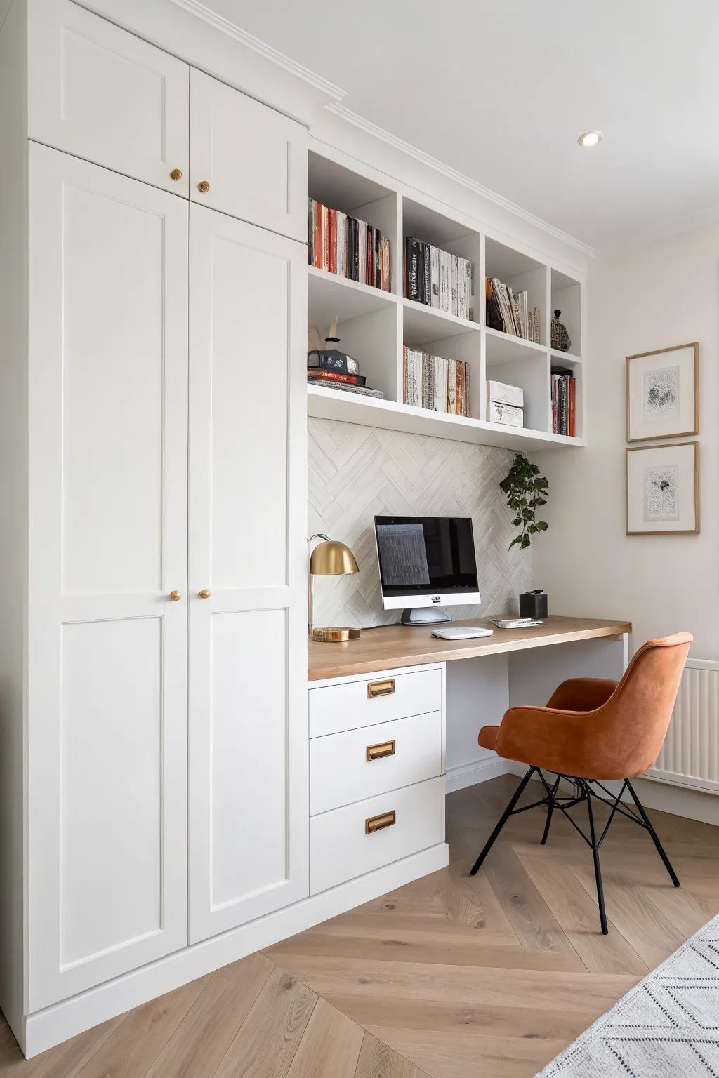 Wall-to-wall file cabinet desk with a custom-cut top—built-in style that makes small nooks feel bigger.