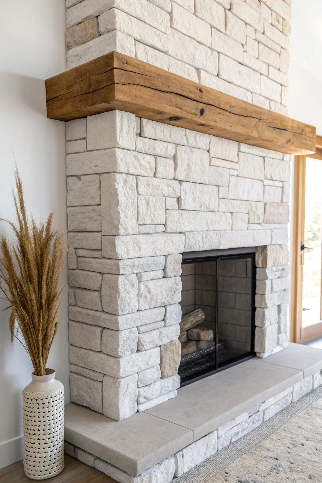 Stone veneer texture meets a reclaimed wood beam mantel for a cozy, modern bump-out.