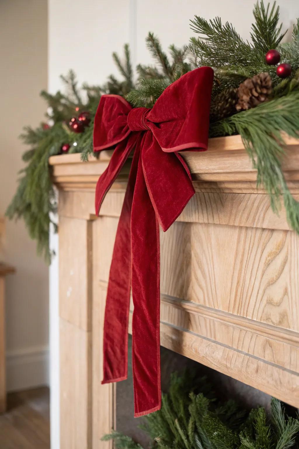 Oversized red bow wired into pine greenery—simple Scandinavian mantel drama with artisan detail.