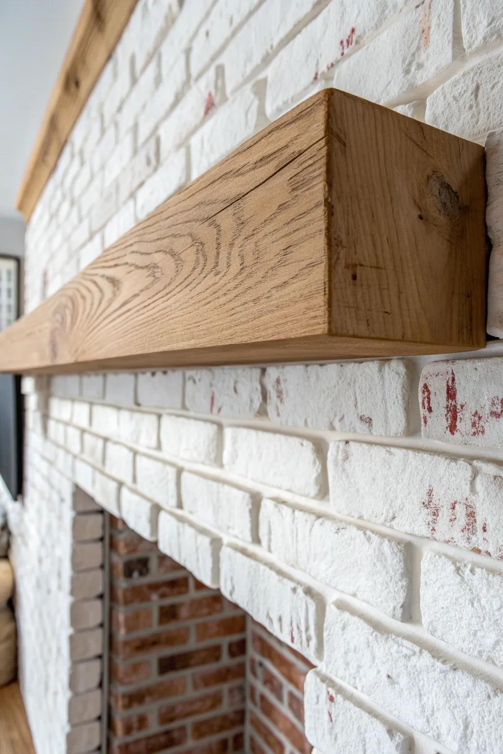 Whitewashed brick + a handcrafted wood mantel: instant bright, cozy fireplace glow.